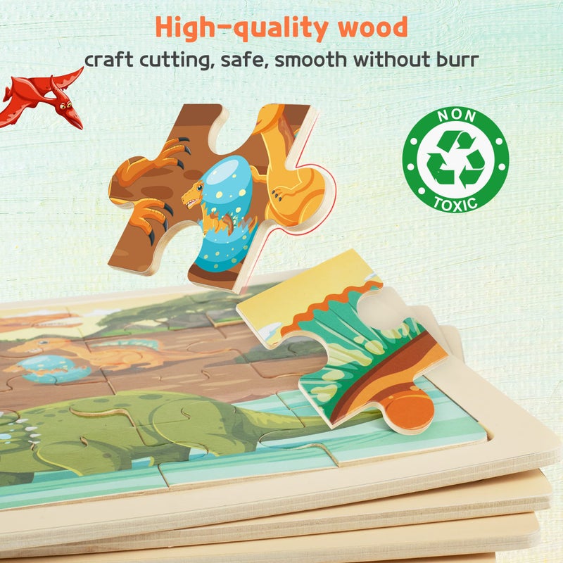 SYNARRY Large Dinosaur Wooden Puzzles for Kids 4 in 1 Gift Box(12.2 * 9.4 in) - FSC Certified, Jigsaw Puzzles for Kids Ages 4-6, Dinosaur Toys Gifts for 3 4 5 Year Old Boys Girls - Image 4