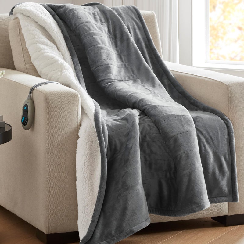 Beautyrest Heated Throw Blanket, Electric Throw, Soft, Warm, Reversible Plush - Sherpa, 3 Heat Settings, 2 hr Auto Shut Off, Machine Washable, 50 x 60 Grey - Image 1