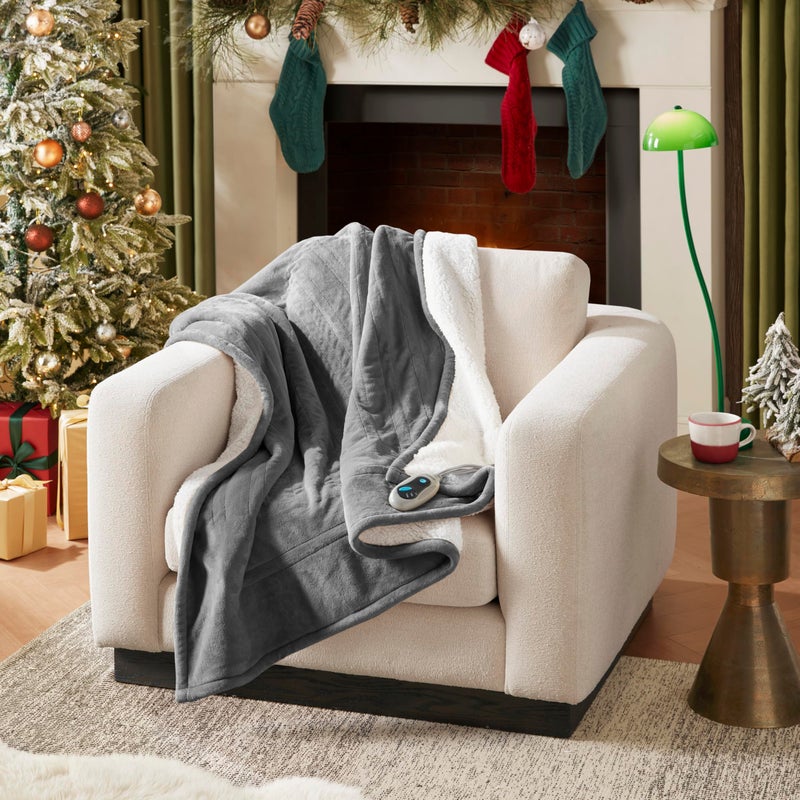 Beautyrest Heated Throw Blanket, Electric Throw, Soft, Warm, Reversible Plush - Sherpa, 3 Heat Settings, 2 hr Auto Shut Off, Machine Washable, 50 x 60 Grey - Image 2