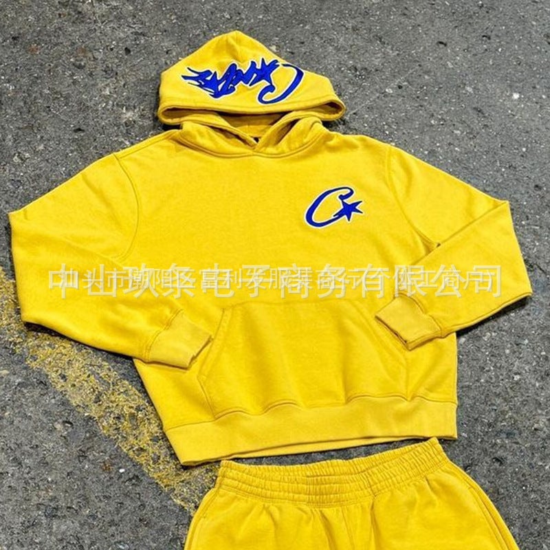 Spring street hip-hop mens sports suit casual two-piece suit cross-border new solid color hooded sweater trousers Yellow sweatshirt