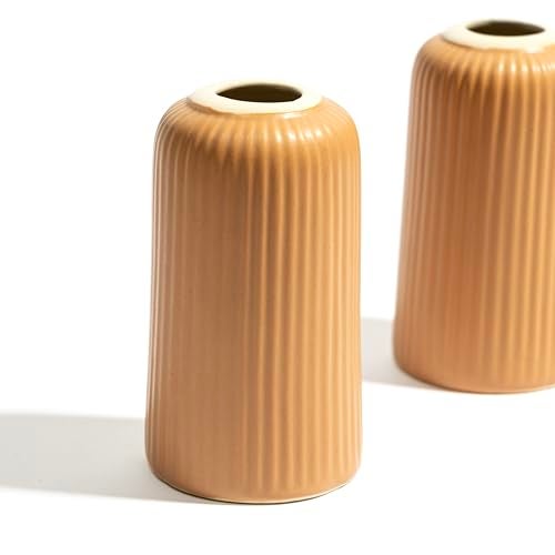 Beyond Homes Ceramic Flower Vase for Home Decor & Living Room | Ribbed Ceramic Vase for Flowers | Centerpiece Vase for Living Room | Centre Table Showpiece for Home Decoration (Orange, Set of 1) - Image 4