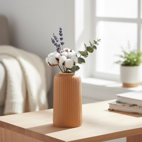 Beyond Homes Ceramic Flower Vase for Home Decor & Living Room | Ribbed Ceramic Vase for Flowers | Centerpiece Vase for Living Room | Centre Table Showpiece for Home Decoration (Orange, Set of 1) - Image 1