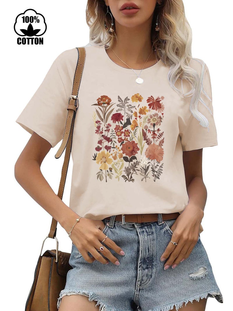 220G Cotton Independent Station Short Sleeve Round Neck Plant Flower Printed T-Shirt Women - Image 1