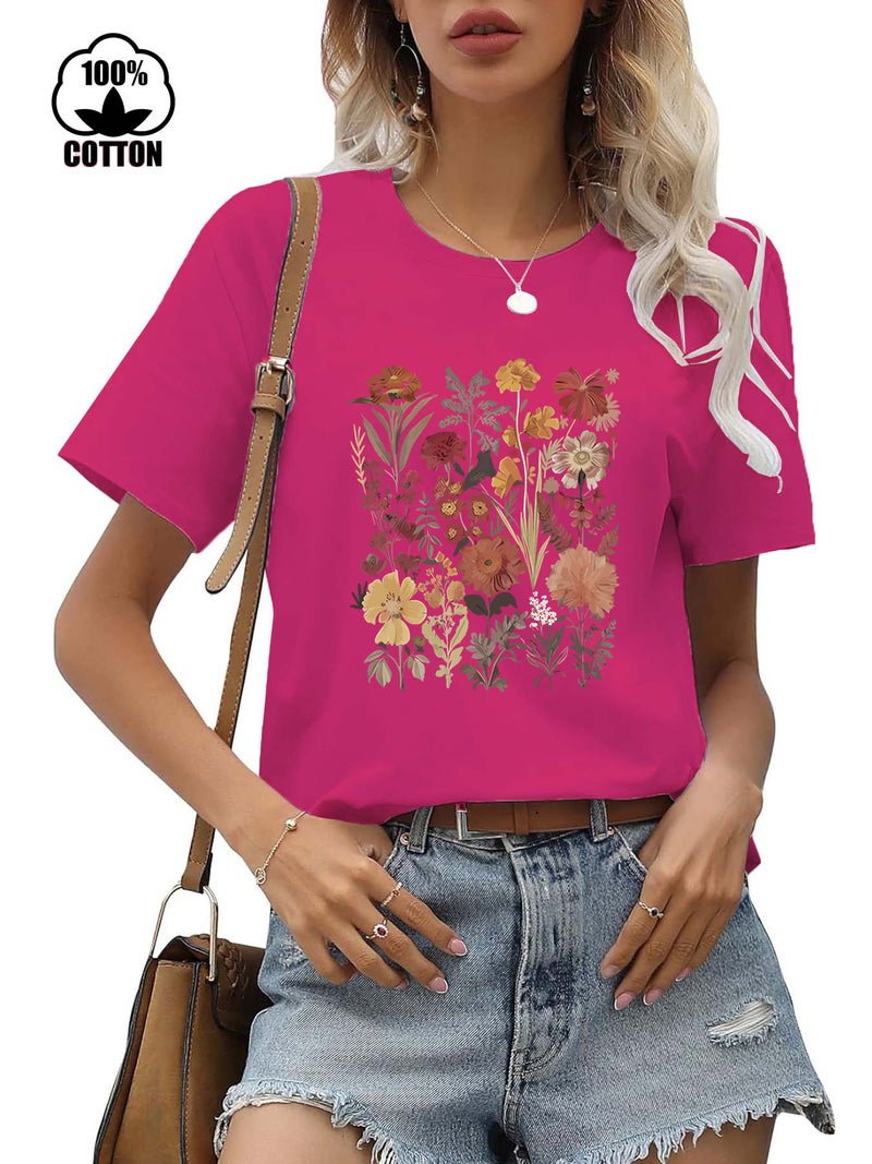 220G Cotton Independent Station Short Sleeve Round Neck Plant Flower Printed T-Shirt Women - Image 5