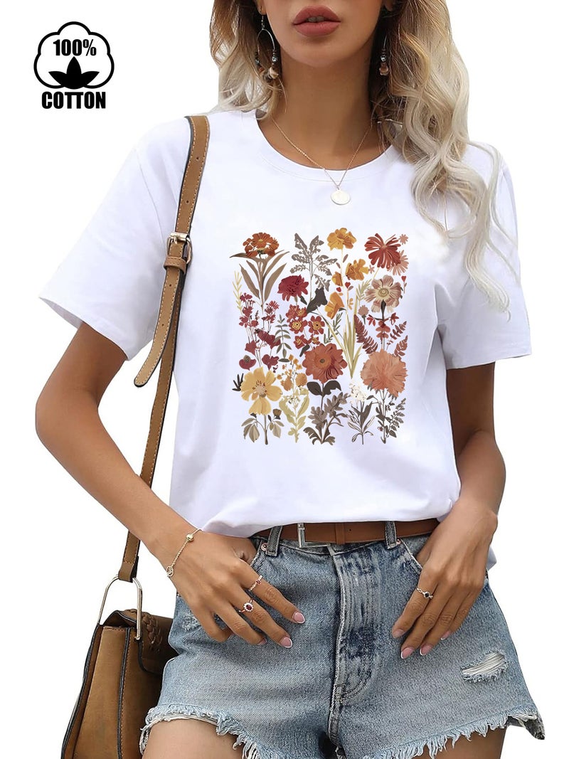220G Cotton Independent Station Short Sleeve Round Neck Plant Flower Printed T-Shirt Women - Image 3