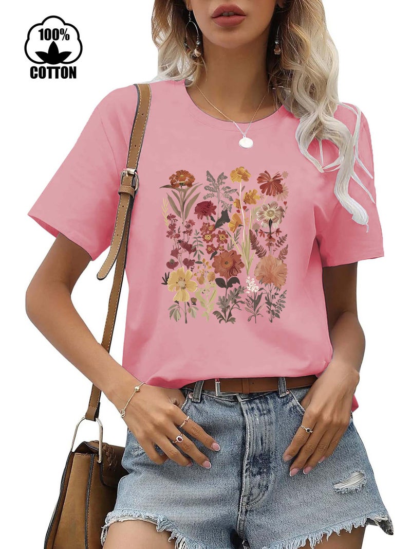 220G Cotton Independent Station Short Sleeve Round Neck Plant Flower Printed T-Shirt Women - Image 4