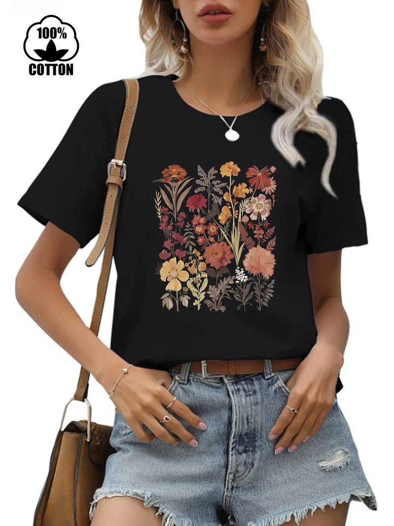 220G Cotton Independent Station Short Sleeve Round Neck Plant Flower Printed T-Shirt Women - Image 2