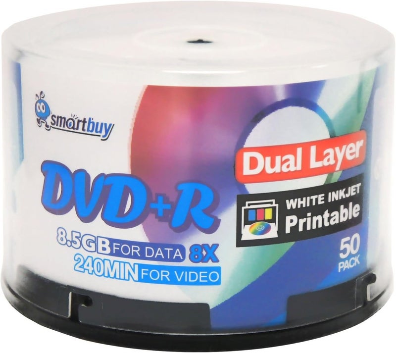 عبوة سمارت باي المكونة من 50 قرص DVD+R DL سعة 8.5 جيجابايت بسرعة 8X، أقراص DVD بلس آر مزدوجة الطبقة قابلة للطباعة بالحبر الأبيض، وسائط تسجيل بيانات فارغة، 50 قرصًا على محور دوار