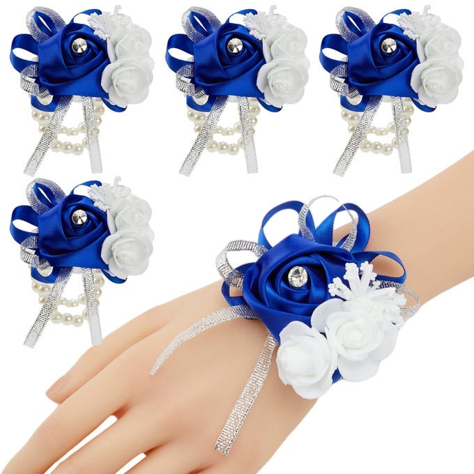 ROYAL BLUE WRIST CORSAGES FOR PROM SET OF 4 ROSE WRIST CORSAGES FOR BRIDAL BRIDESMAID GIRL WEDDING MOTHER WOMEN HAND FLOWER FOR WEDDING FORMAL DINNER PARTY HOMECOMING CEREMONY ANNIVERSARY
