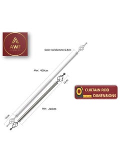 AL WADI FURNITURE Set of 2 Roman Pole Style Heavy Duty Luxury Extendable Curtain Rods, Metal Single Rods Finials Decorative End Window Treatment Rods Drapery Rods (SILVER, 200 – 400 cm)  - Image 2