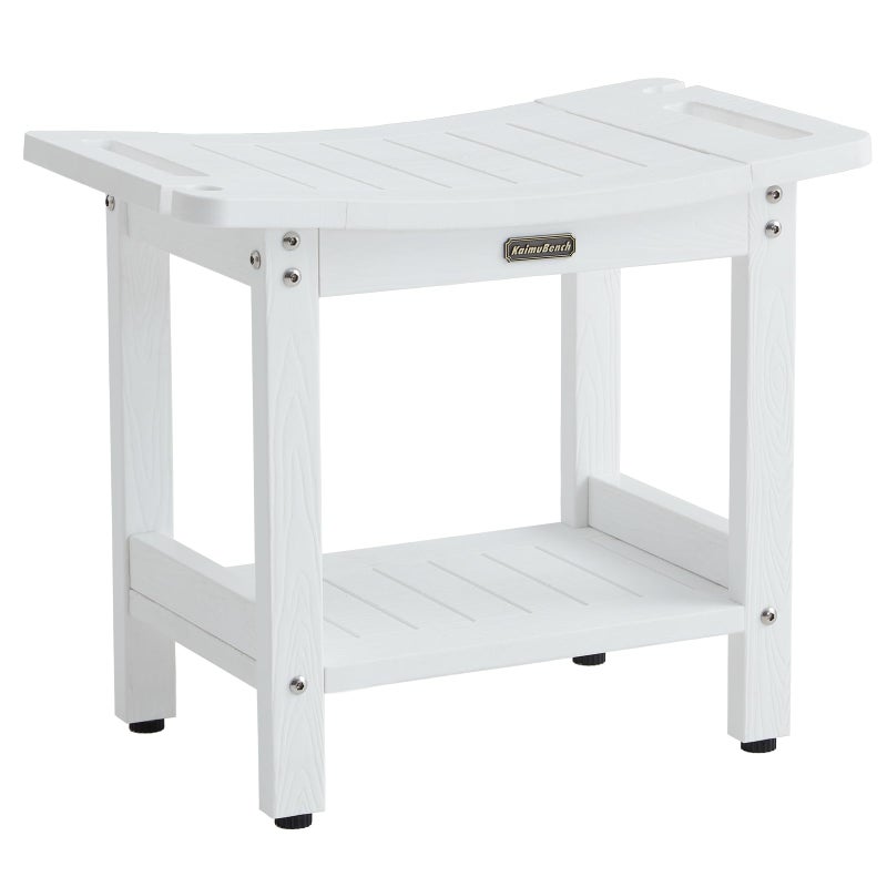 KaimuBench Waterproof Shower Bench White Poly Shower Stool for Shaving Legs Shower Chair Seat with Handles  Shower Head Holder Plastic Bathroom Bench with Adjustable Feet for Inside Shower NonSlip 