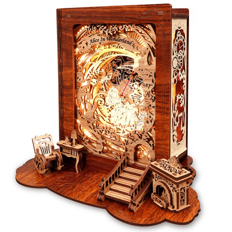 FUNPOLA Alice in Wonderland LED 3D Puzzle Nightlight - DIY Book Lamp with Clock - 3D Wood Puzzles Nightlight Home DÃ©cor for Kids and Adults - Image 1