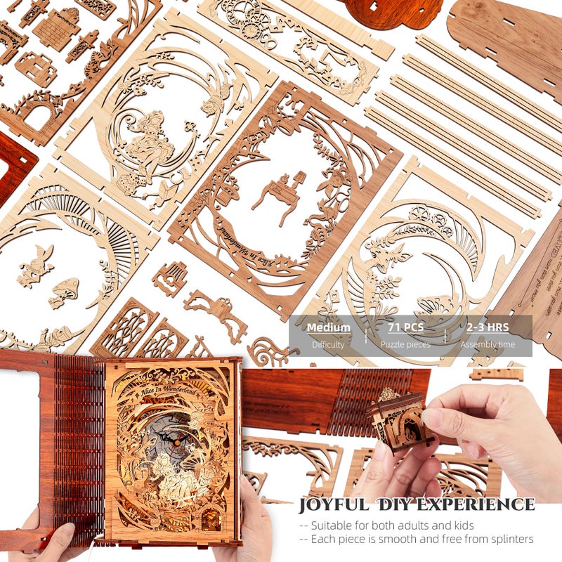 FUNPOLA Alice in Wonderland LED 3D Puzzle Nightlight - DIY Book Lamp with Clock - 3D Wood Puzzles Nightlight Home DÃ©cor for Kids and Adults - Image 3
