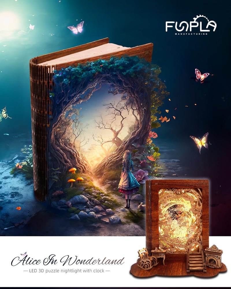 FUNPOLA Alice in Wonderland LED 3D Puzzle Nightlight - DIY Book Lamp with Clock - 3D Wood Puzzles Nightlight Home DÃ©cor for Kids and Adults - Image 2