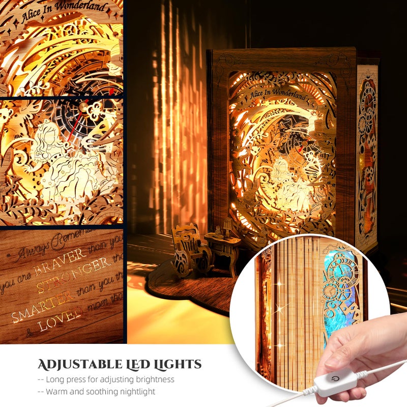 FUNPOLA Alice in Wonderland LED 3D Puzzle Nightlight - DIY Book Lamp with Clock - 3D Wood Puzzles Nightlight Home DÃ©cor for Kids and Adults - Image 4