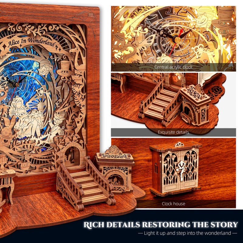 FUNPOLA Alice in Wonderland LED 3D Puzzle Nightlight - DIY Book Lamp with Clock - 3D Wood Puzzles Nightlight Home DÃ©cor for Kids and Adults - Image 5