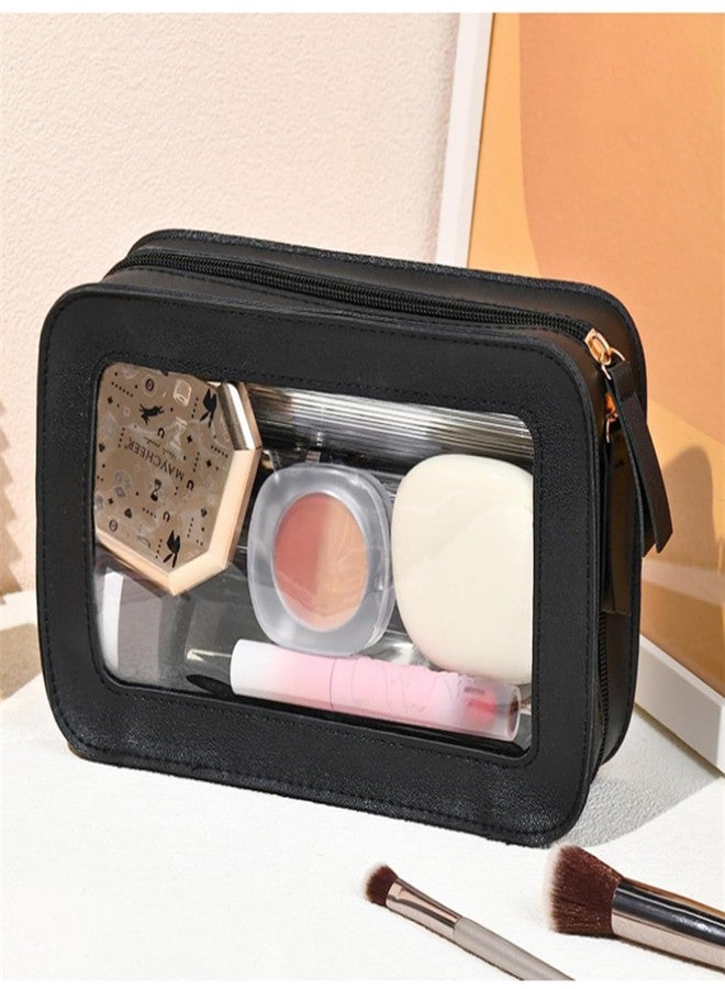WMM حقيبة مكياج شفافة ومقاومة للماء حقيبة تجميل محمولة للسفر للنساء مع جيوب شفافة من الفينيل وسحابات (أسود) - Image 2