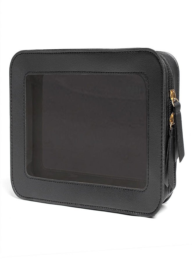 WMM حقيبة مكياج شفافة ومقاومة للماء حقيبة تجميل محمولة للسفر للنساء مع جيوب شفافة من الفينيل وسحابات (أسود) - Image 1