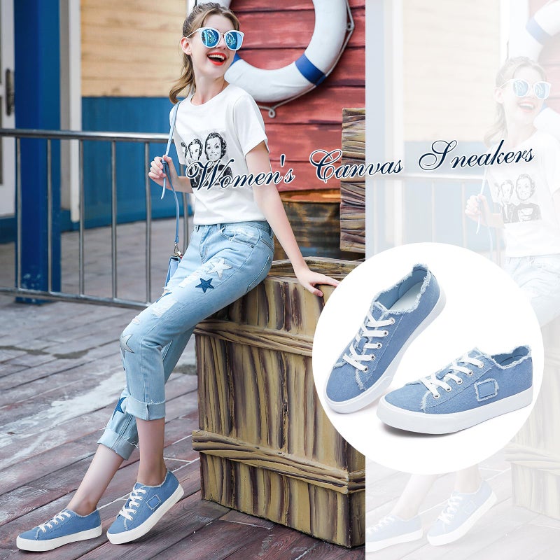 BENPAO Women's Canvas Shoes - White & Denim Blue, Comfortable Fashion Sneakers for Women - Low Top Walking & Tennis Shoes (US5.5) - Image 4