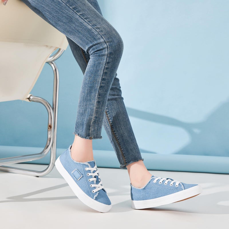 BENPAO Women's Canvas Shoes - White & Denim Blue, Comfortable Fashion Sneakers for Women - Low Top Walking & Tennis Shoes (US5.5) - Image 3