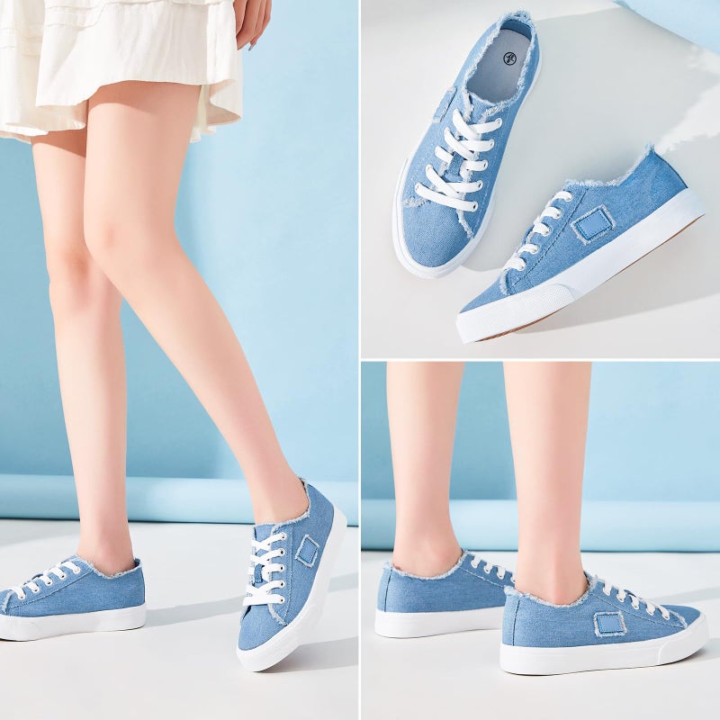BENPAO Women's Canvas Shoes - White & Denim Blue, Comfortable Fashion Sneakers for Women - Low Top Walking & Tennis Shoes (US5.5) - Image 2