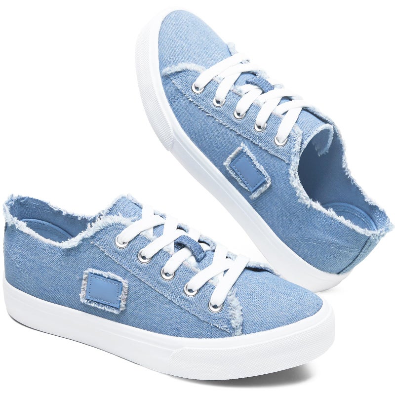 BENPAO Women's Canvas Shoes - White & Denim Blue, Comfortable Fashion Sneakers for Women - Low Top Walking & Tennis Shoes (US5.5) - Image 1