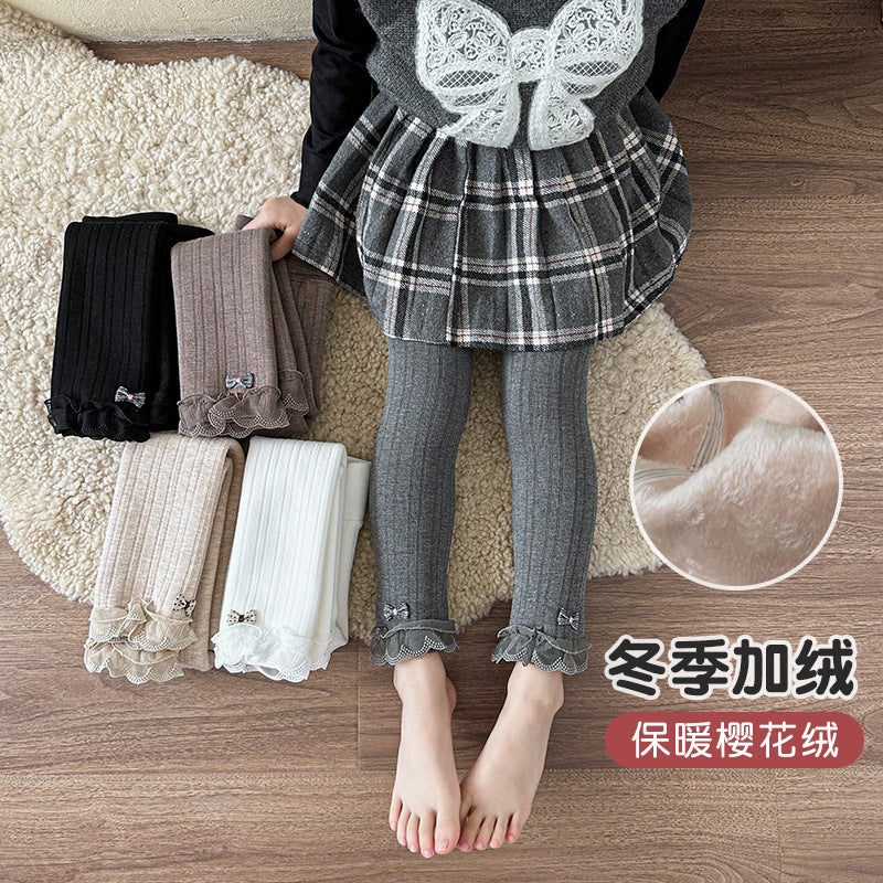 Girls Leggings Winter Thickened Outer Wear Fleece-Lined Baby White Pantyhose Pants Lace Butterfly Children'S Pants Sub-Batch - Image 3