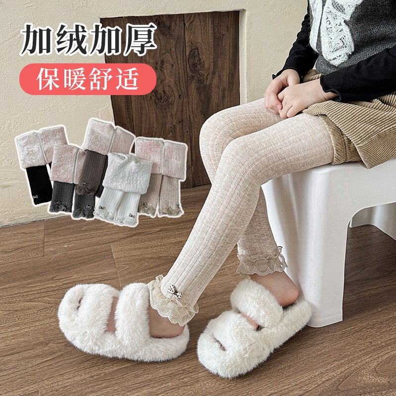 Girls Leggings Winter Thickened Outer Wear Fleece-Lined Baby White Pantyhose Pants Lace Butterfly Children'S Pants Sub-Batch - Image 4