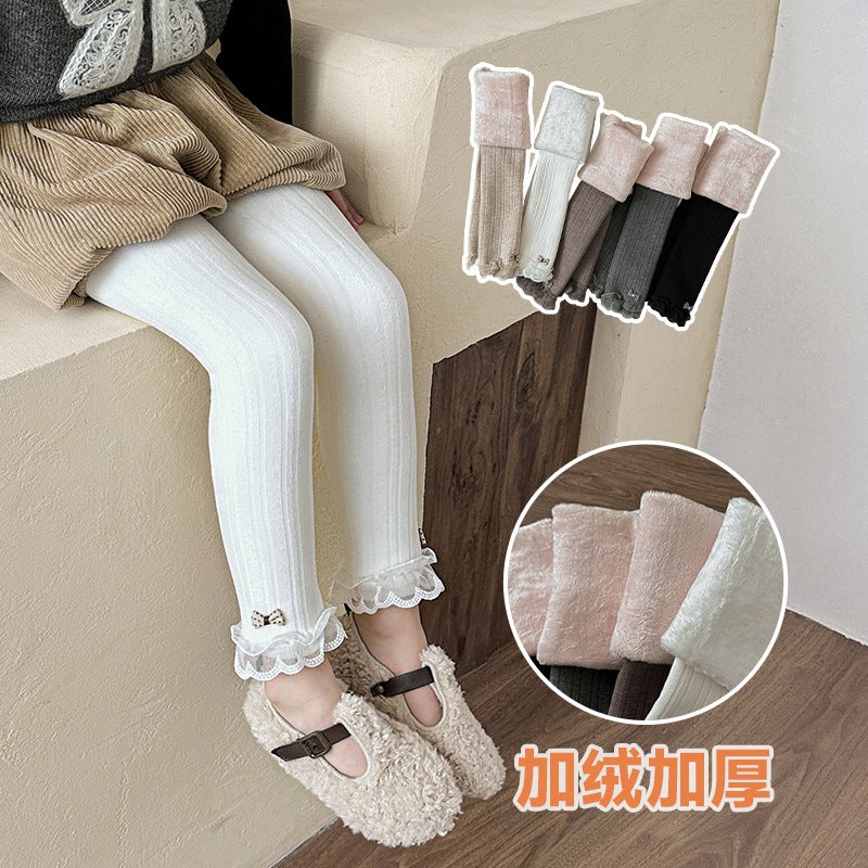 Girls Leggings Winter Thickened Outer Wear Fleece-Lined Baby White Pantyhose Pants Lace Butterfly Children'S Pants Sub-Batch - Image 2