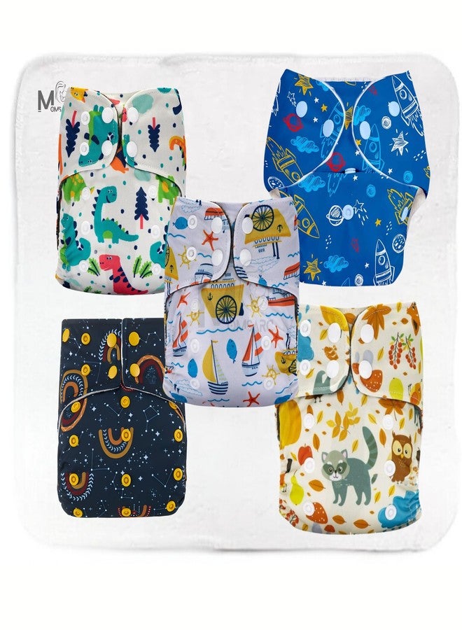 MOMSARC Reusable Cotton Cloth Nappies for Babies+5 insert pads|Freesize Diapers with Quick Dry Pad|Adjustable & Washable Langot for 0-3 Years|(Pack of 5) - Image 1