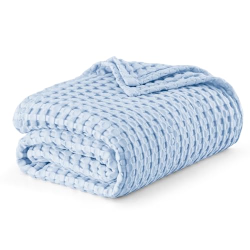 Bedsure Cooling Cotton Waffle Queen Size Blanket - Lightweight Breathable Blanket of Rayon Derived from Bamboo for Hot Sleepers, Luxury Throws for Bed, Couch and Sofa, Blue, 90x90 Inches - Image 1