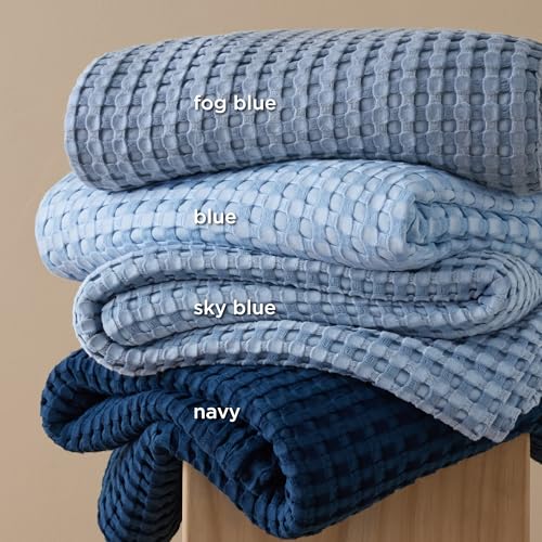 Bedsure Cooling Cotton Waffle Queen Size Blanket - Lightweight Breathable Blanket of Rayon Derived from Bamboo for Hot Sleepers, Luxury Throws for Bed, Couch and Sofa, Blue, 90x90 Inches - Image 3