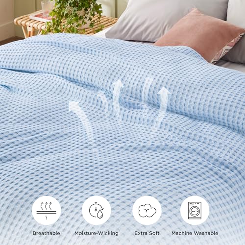 Bedsure Cooling Cotton Waffle Queen Size Blanket - Lightweight Breathable Blanket of Rayon Derived from Bamboo for Hot Sleepers, Luxury Throws for Bed, Couch and Sofa, Blue, 90x90 Inches - Image 5