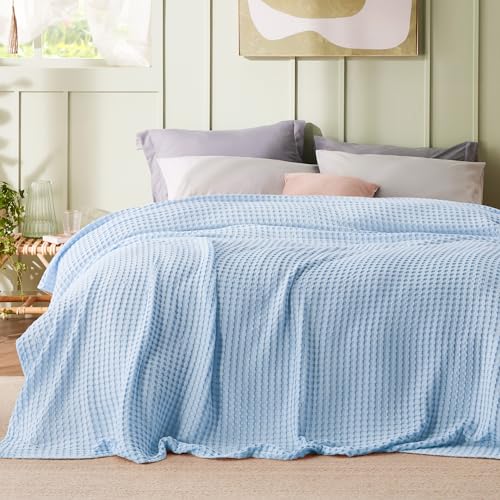 Bedsure Cooling Cotton Waffle Queen Size Blanket - Lightweight Breathable Blanket of Rayon Derived from Bamboo for Hot Sleepers, Luxury Throws for Bed, Couch and Sofa, Blue, 90x90 Inches - Image 2