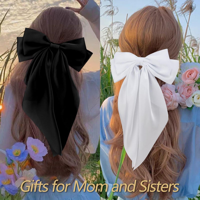 Velscrun Hair Bows for Women Girls 4Pcs White Silky Hair Bow Khaki Satin Large Coquette Bow Brown Big Hair Bows Clip Oversized Hair Ribbons Long Tail Black Bow Hair Barrettes Hair Accessories Gifts - Image 5