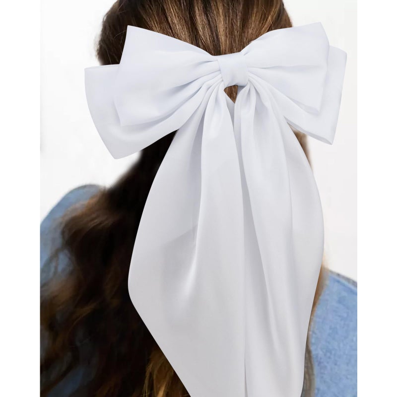 Velscrun Hair Bows for Women Girls 4Pcs White Silky Hair Bow Khaki Satin Large Coquette Bow Brown Big Hair Bows Clip Oversized Hair Ribbons Long Tail Black Bow Hair Barrettes Hair Accessories Gifts - Image 2