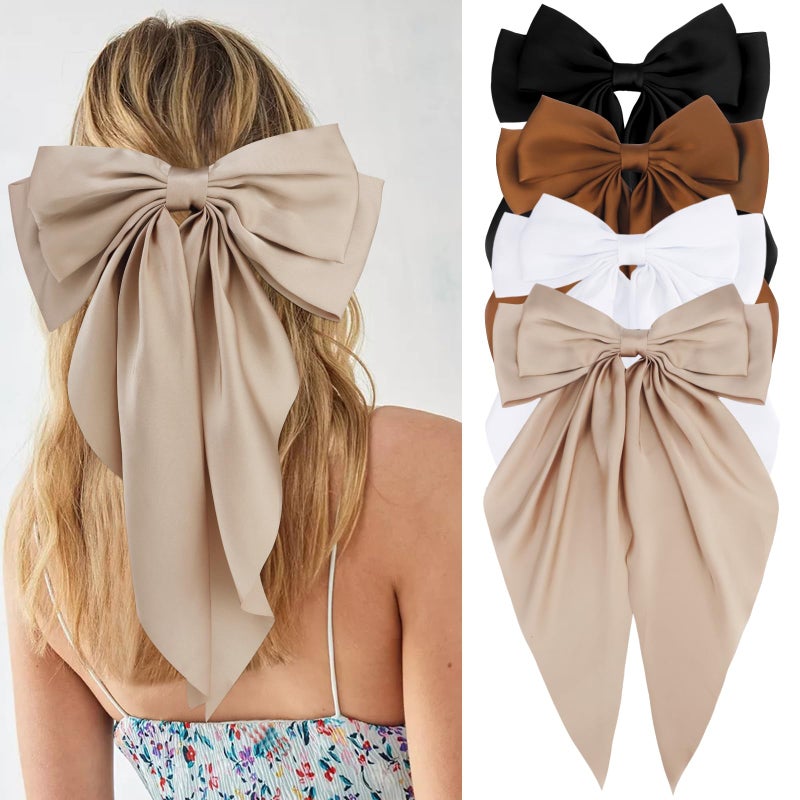 Velscrun Hair Bows for Women Girls 4Pcs White Silky Hair Bow Khaki Satin Large Coquette Bow Brown Big Hair Bows Clip Oversized Hair Ribbons Long Tail Black Bow Hair Barrettes Hair Accessories Gifts - Image 1