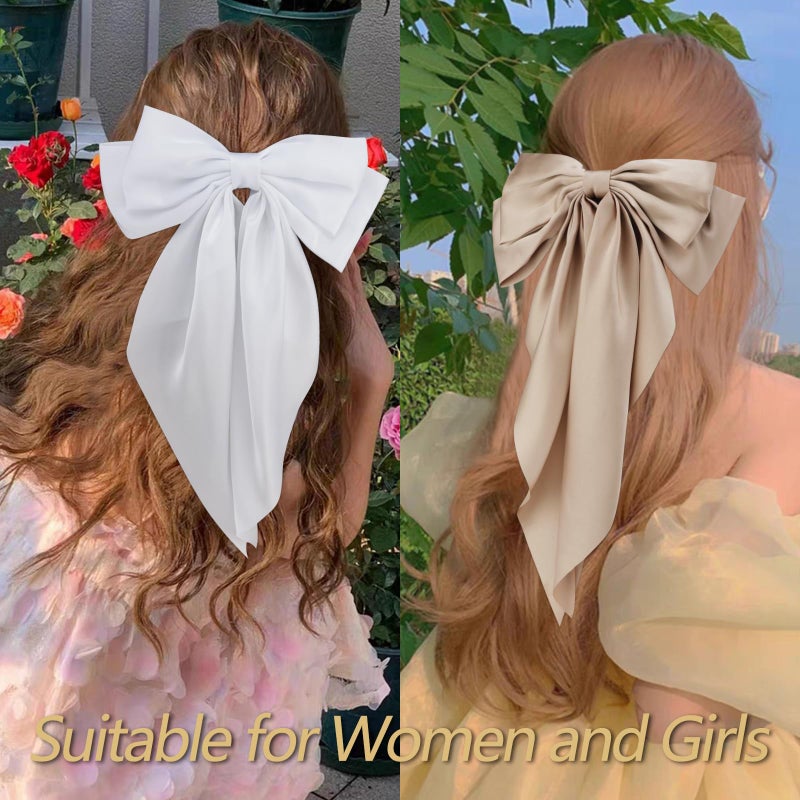 Velscrun Hair Bows for Women Girls 4Pcs White Silky Hair Bow Khaki Satin Large Coquette Bow Brown Big Hair Bows Clip Oversized Hair Ribbons Long Tail Black Bow Hair Barrettes Hair Accessories Gifts - Image 4