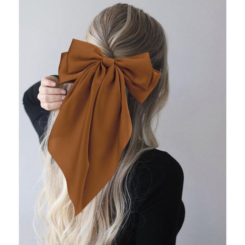 Velscrun Hair Bows for Women Girls 4Pcs White Silky Hair Bow Khaki Satin Large Coquette Bow Brown Big Hair Bows Clip Oversized Hair Ribbons Long Tail Black Bow Hair Barrettes Hair Accessories Gifts - Image 3