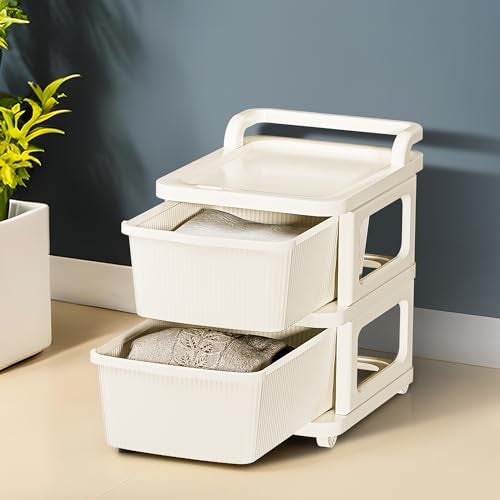 Kuber Industries 2 Layer Plastic Modular Storage Drawer Organizer with Wheels | Chest of Drawer Storage Box for Living Room, Office, School and Home | Toys Organiser for Kids Room | Ivory - Image 1