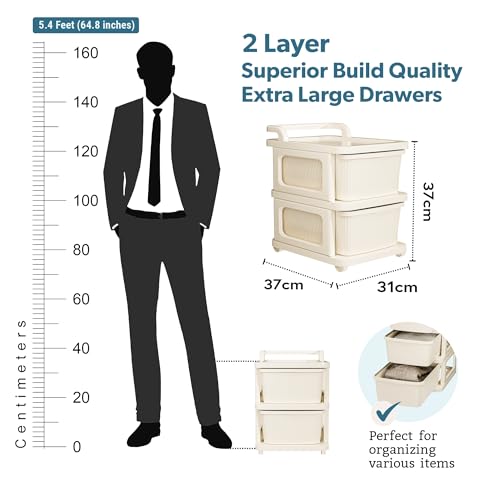 Kuber Industries 2 Layer Plastic Modular Storage Drawer Organizer with Wheels | Chest of Drawer Storage Box for Living Room, Office, School and Home | Toys Organiser for Kids Room | Ivory - Image 3