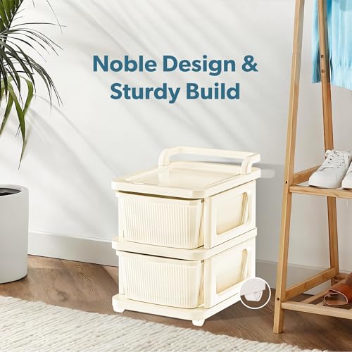 Kuber Industries 2 Layer Plastic Modular Storage Drawer Organizer with Wheels | Chest of Drawer Storage Box for Living Room, Office, School and Home | Toys Organiser for Kids Room | Ivory - Image 2
