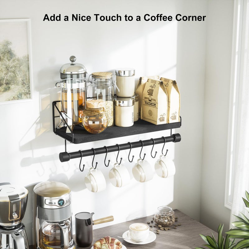 Alsonerbay Floating Shelves Wall Shelves for Bedroom, Bathroom Shelves Wall Mounted with Towel Bar, Kitchen Rustic Wood Shelf with Hooks for Hanging Cooking Utensils or Mugs - Image 3