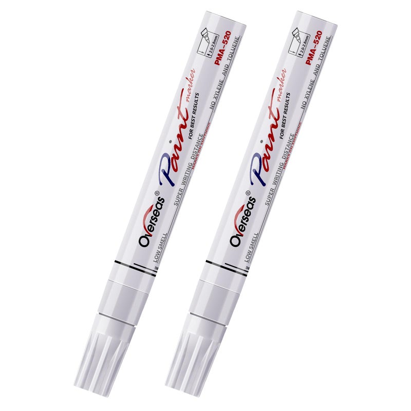 Overseas Permanent Paint Pens White Markers - 2 Pack Single color Oil Based Paint Markers, Medium Tip, Quick Drying and Waterproof Marker Pen for Metal, Rock, Wood, Plastic, Canvas, Rubber, Glass - Image 1