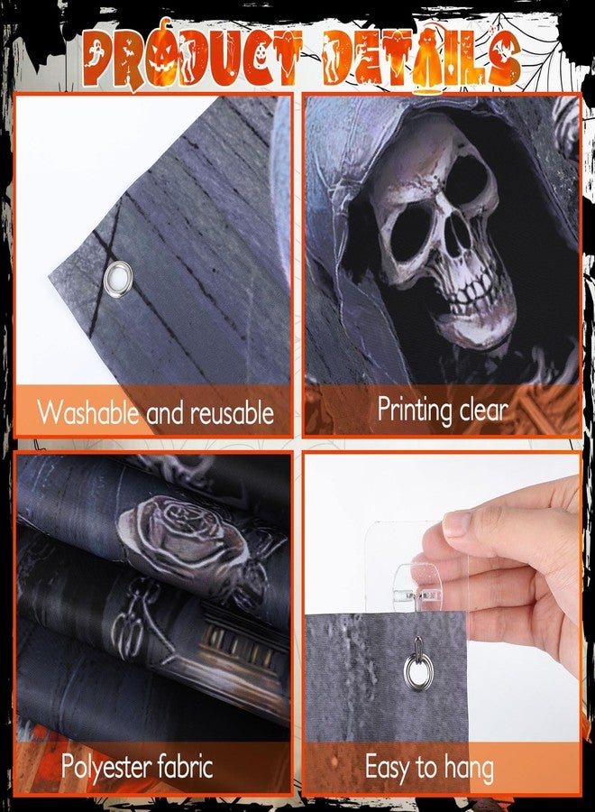 Funnymoom زينة أبواب مقابر الهالوين من Funnymoom، غطاء باب مقوس لمقبرة الهالوين، لافتات معلقة خارجية على طراز القصور القوطية، لافتة جمجمة هيكل عظمي مخيفة لتزيين الشرفة في الهواء الطلق لحفلات المنازل المسكونة - Image 3