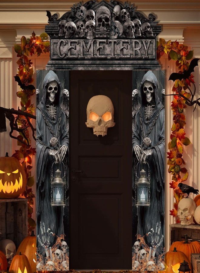 Funnymoom زينة أبواب مقابر الهالوين من Funnymoom، غطاء باب مقوس لمقبرة الهالوين، لافتات معلقة خارجية على طراز القصور القوطية، لافتة جمجمة هيكل عظمي مخيفة لتزيين الشرفة في الهواء الطلق لحفلات المنازل المسكونة - Image 1