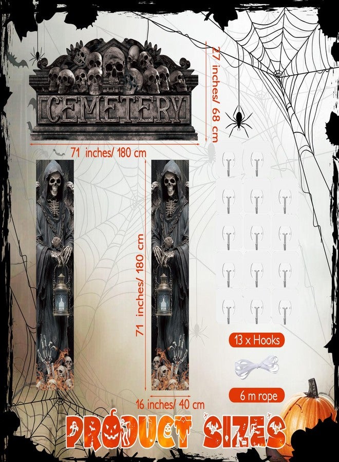 Funnymoom زينة أبواب مقابر الهالوين من Funnymoom، غطاء باب مقوس لمقبرة الهالوين، لافتات معلقة خارجية على طراز القصور القوطية، لافتة جمجمة هيكل عظمي مخيفة لتزيين الشرفة في الهواء الطلق لحفلات المنازل المسكونة - Image 2