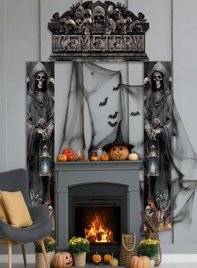 Funnymoom زينة أبواب مقابر الهالوين من Funnymoom، غطاء باب مقوس لمقبرة الهالوين، لافتات معلقة خارجية على طراز القصور القوطية، لافتة جمجمة هيكل عظمي مخيفة لتزيين الشرفة في الهواء الطلق لحفلات المنازل المسكونة - Image 5