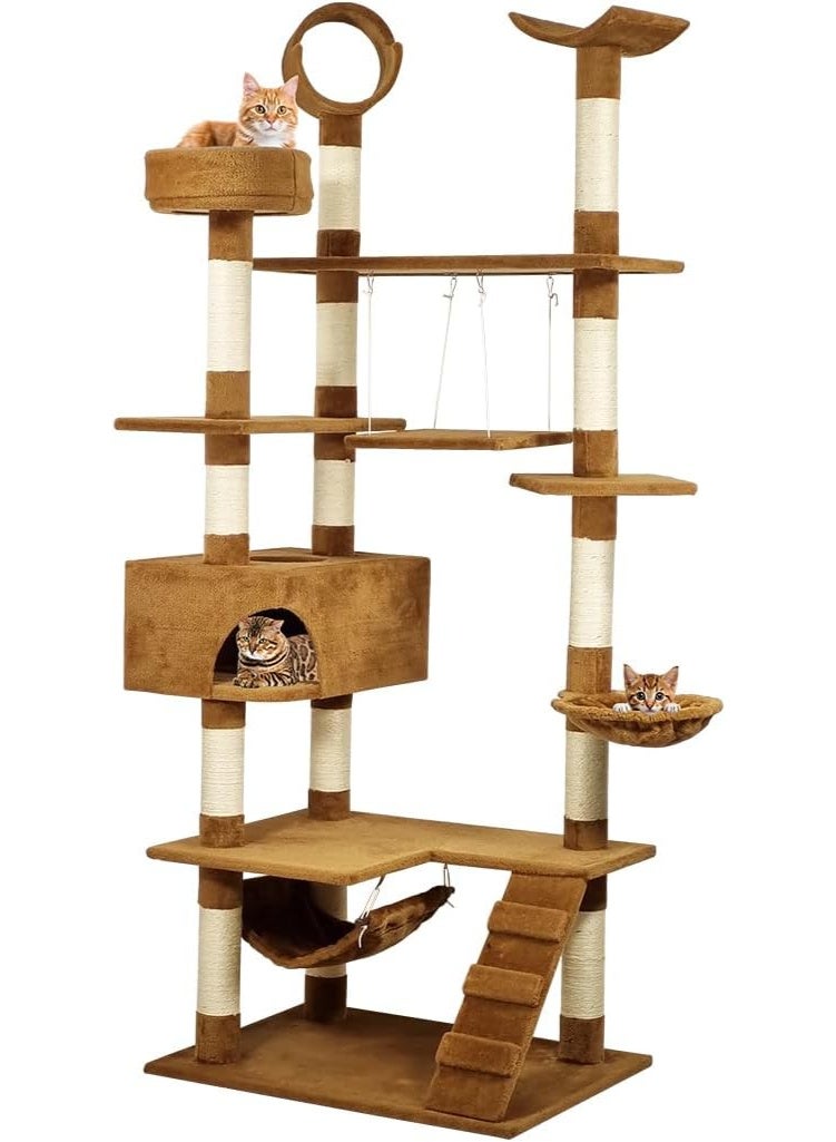 NNC PETS Cat Tree for Big Cats | Cat Tower House for Indoor & Outdoor Use | Cat Activity Center with Multiple Perches | Sisal Scratching Post | Cozy Hammock | Cat Condo | Hammock & Ladder, 210 cm (Chocolate) - Image 1