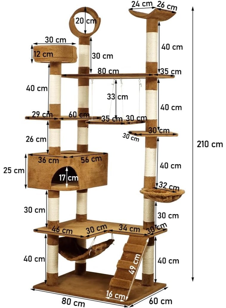 NNC PETS Cat Tree for Big Cats | Cat Tower House for Indoor & Outdoor Use | Cat Activity Center with Multiple Perches | Sisal Scratching Post | Cozy Hammock | Cat Condo | Hammock & Ladder, 210 cm (Chocolate) - Image 2